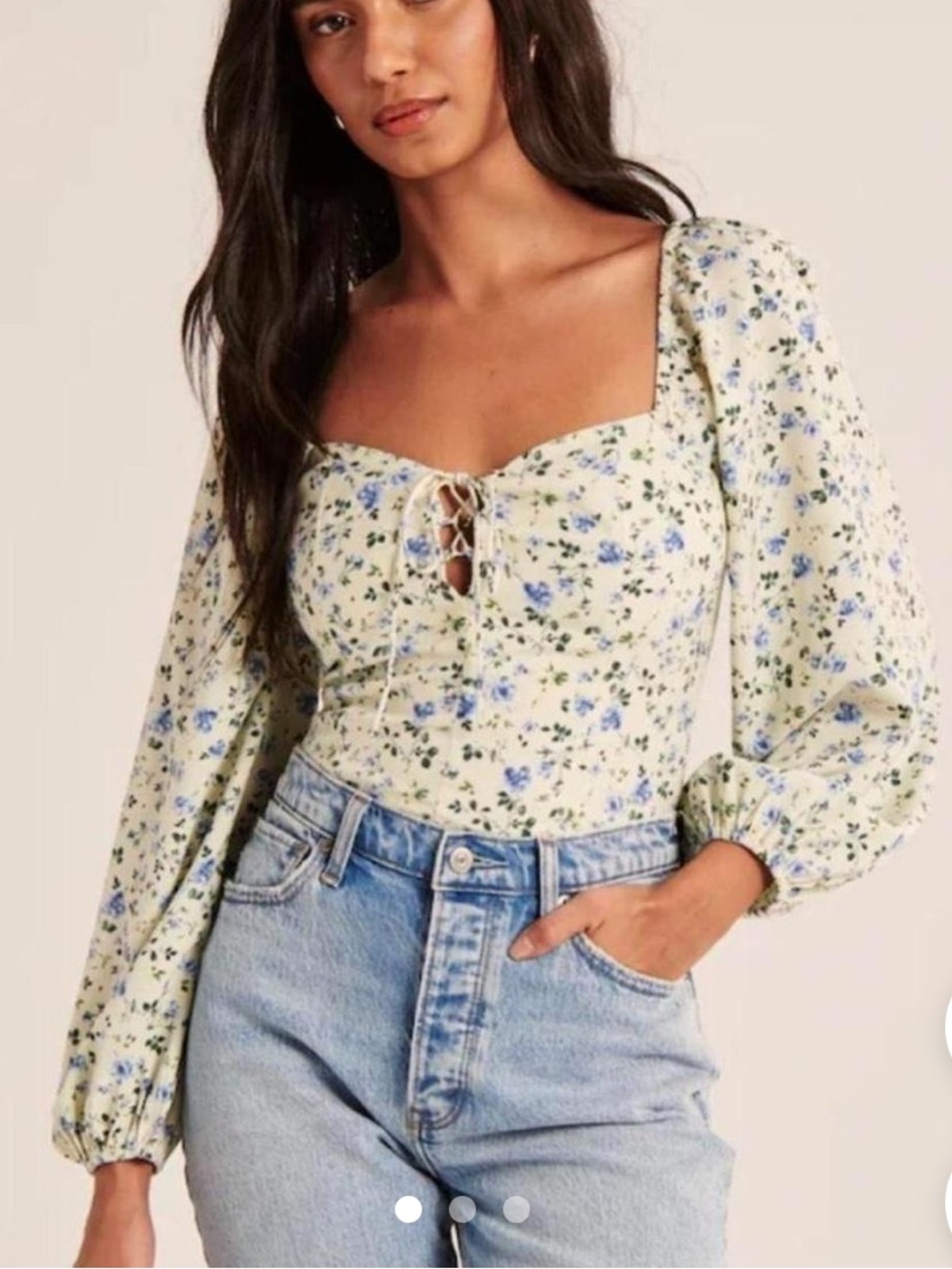 Abercrombie & Fitch Cream Floral Square-Neck Lace-Up Blouse